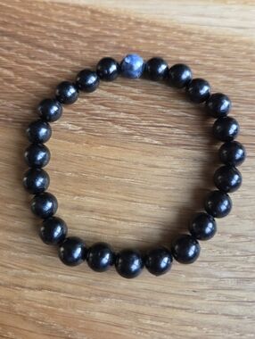 Black Jet & Blue Sodalite Beaded Stretch Bracelet  Handcrafted